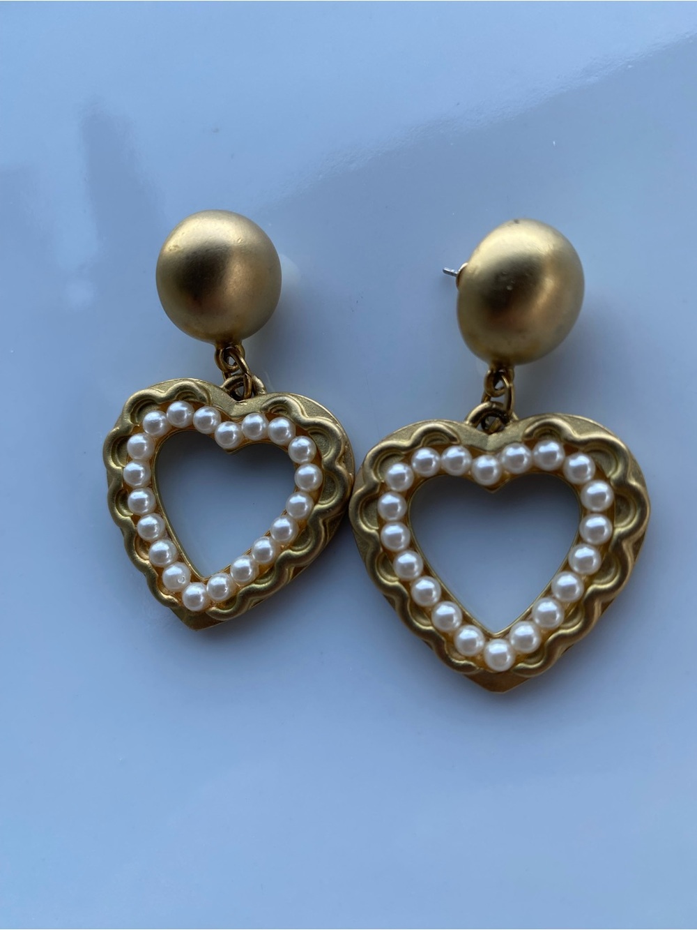 Gold Heart Drop Earrings with Pearl Trim